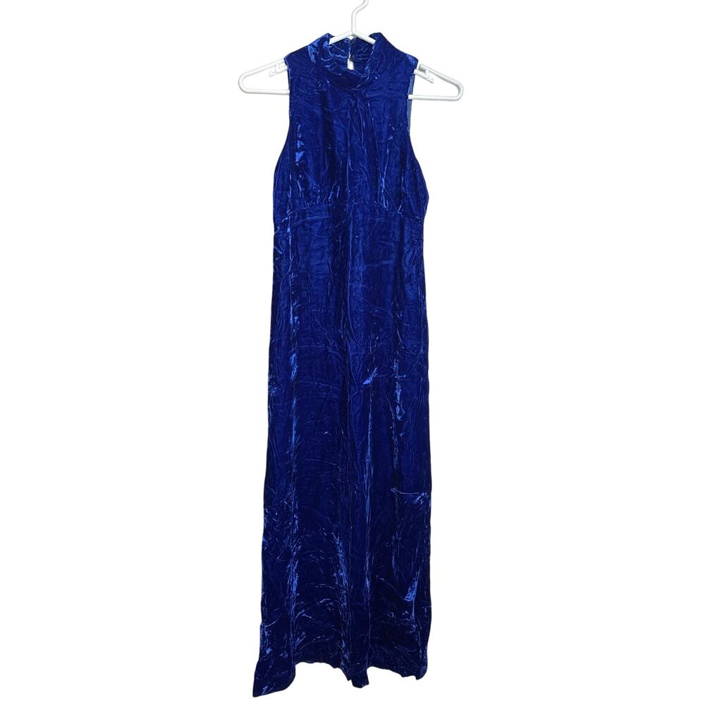 90s Crushed Velvet Blue Halter Dress Royal Blue Long Formal Womens XS Minimalist